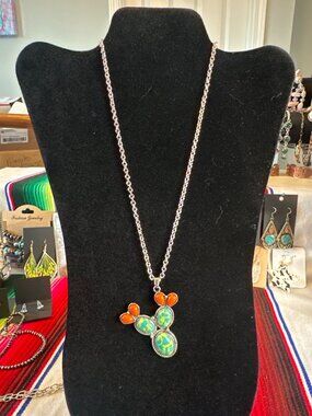 Western Prickly Pear Cactus Pendant Necklace Faux Turquoise Orange Stone Silver